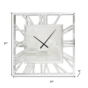 HomeRoots 27" Silver Mirrored Glass Silent Analog Square Wall Clock - Modern Elegance for Any Room Decor 635643