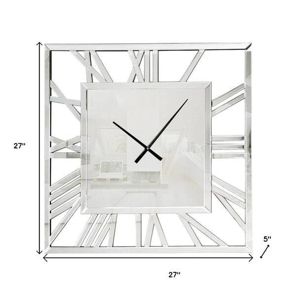 HomeRoots 27" Silver Mirrored Glass Silent Analog Square Wall Clock - Modern Elegance for Any Room Decor 635643