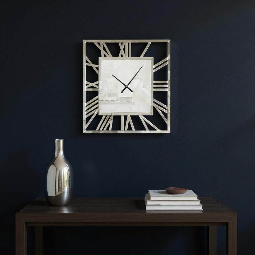 HomeRoots 27" Silver Mirrored Glass Silent Analog Square Wall Clock - Modern Elegance for Any Room Decor 635643