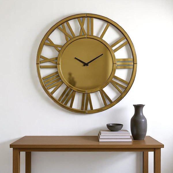 HomeRoots 43" Gold Mirrored Acrylic Wall Clock - Oversized Silent Analog Design with Roman Numerals, Elegant Decor 635644
