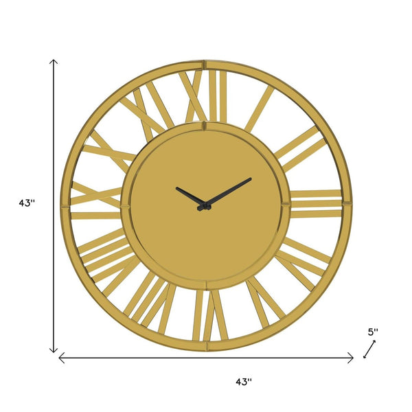 HomeRoots 43" Gold Mirrored Acrylic Wall Clock - Oversized Silent Analog Design with Roman Numerals, Elegant Decor 635644