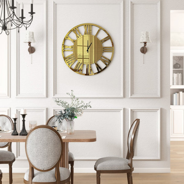 HomeRoots 43" Gold Mirrored Acrylic Wall Clock - Oversized Silent Analog Design with Roman Numerals, Elegant Decor 635644