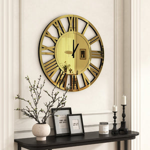 HomeRoots 43" Gold Mirrored Acrylic Wall Clock - Oversized Silent Analog Design with Roman Numerals, Elegant Decor 635644
