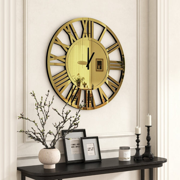 HomeRoots 43" Gold Mirrored Acrylic Wall Clock - Oversized Silent Analog Design with Roman Numerals, Elegant Decor 635644
