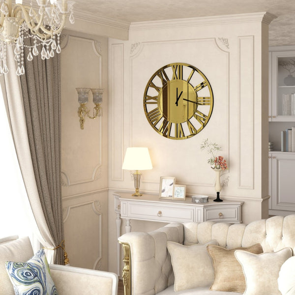HomeRoots 43" Gold Mirrored Acrylic Wall Clock - Oversized Silent Analog Design with Roman Numerals, Elegant Decor 635644