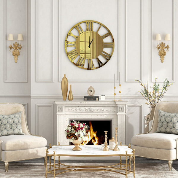 HomeRoots 43" Gold Mirrored Acrylic Wall Clock - Oversized Silent Analog Design with Roman Numerals, Elegant Decor 635644