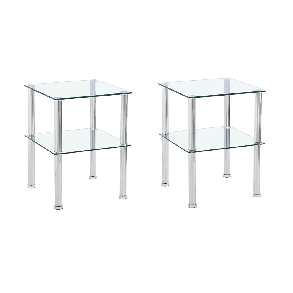 HomeRoots Set of Two Modern Clear Glass & Silver Metal Square End Tables with Stylish Storage Shelf 635675