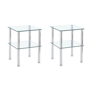 HomeRoots Set of Two Modern Clear Glass & Silver Metal Square End Tables with Stylish Storage Shelf 635675