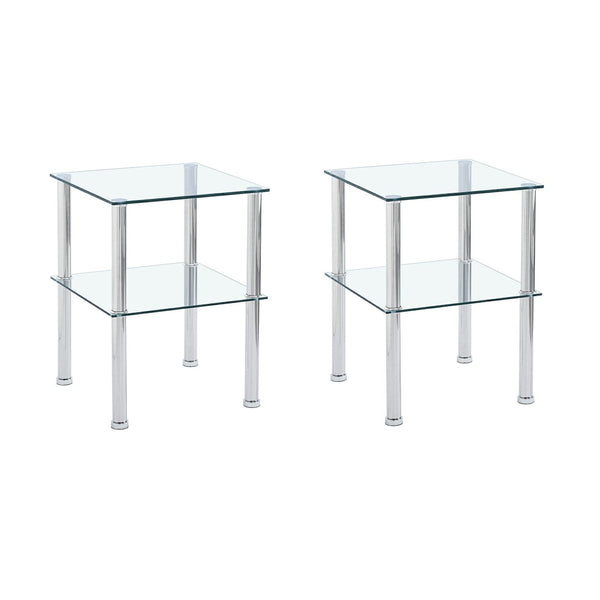 HomeRoots Set of Two Modern Clear Glass & Silver Metal Square End Tables with Stylish Storage Shelf 635675