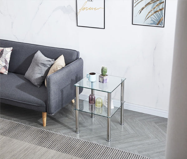 HomeRoots Set of Two Modern Clear Glass & Silver Metal Square End Tables with Stylish Storage Shelf 635675