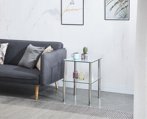 HomeRoots Set of Two Modern Clear Glass & Silver Metal Square End Tables with Stylish Storage Shelf 635675
