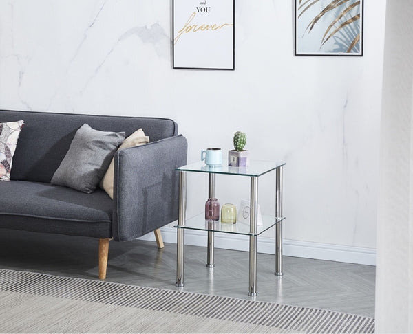 HomeRoots Set of Two Modern Clear Glass & Silver Metal Square End Tables with Stylish Storage Shelf 635675