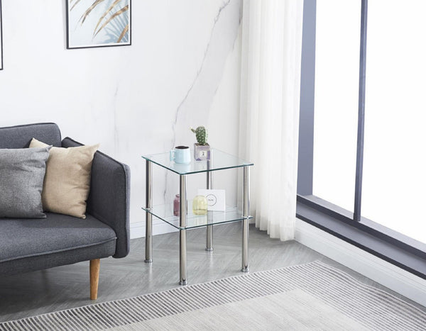 HomeRoots Set of Two Modern Clear Glass & Silver Metal Square End Tables with Stylish Storage Shelf 635675