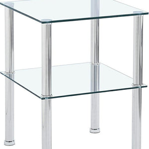 HomeRoots Set of Two Modern Clear Glass & Silver Metal Square End Tables with Stylish Storage Shelf 635675