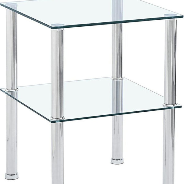 HomeRoots Set of Two Modern Clear Glass & Silver Metal Square End Tables with Stylish Storage Shelf 635675
