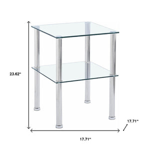 HomeRoots Set of Two Modern Clear Glass & Silver Metal Square End Tables with Stylish Storage Shelf 635675