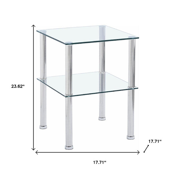 HomeRoots Set of Two Modern Clear Glass & Silver Metal Square End Tables with Stylish Storage Shelf 635675