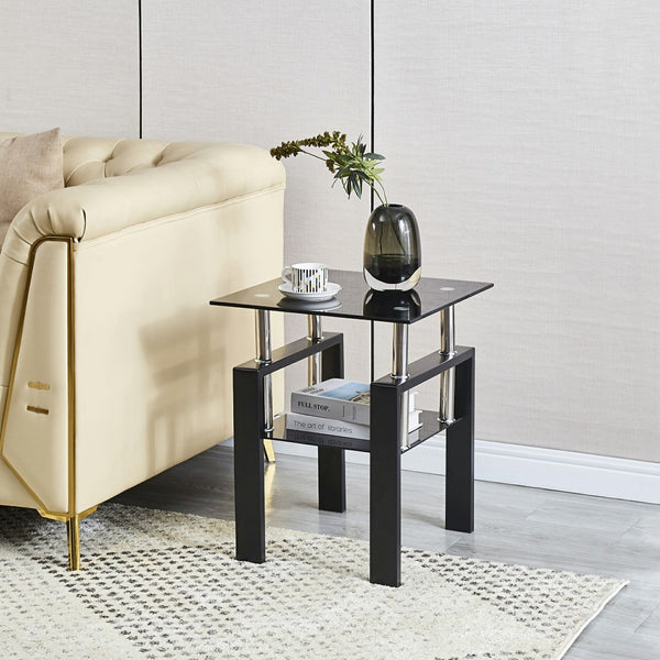 HomeRoots Black Glass & Metal End Table with Shelf – Modern Minimalist Design for Living Room & Bedroom Décor 635676