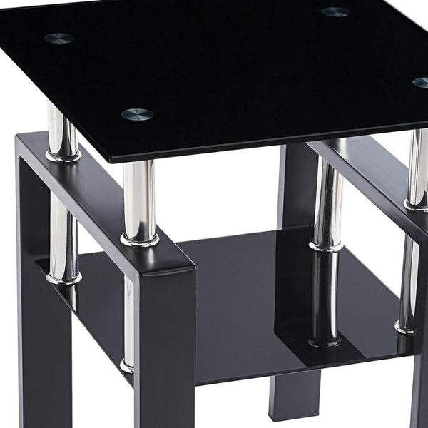 HomeRoots Black Glass & Metal End Table with Shelf – Modern Minimalist Design for Living Room & Bedroom Décor 635676