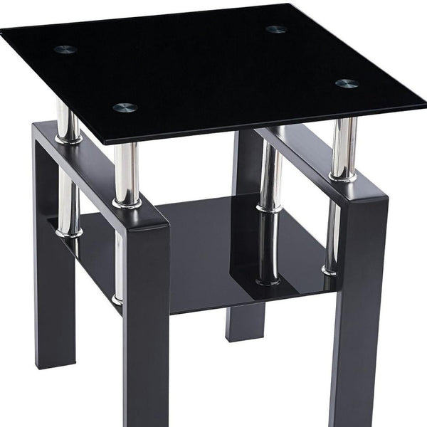 HomeRoots Black Glass & Metal End Table with Shelf – Modern Minimalist Design for Living Room & Bedroom Décor 635676
