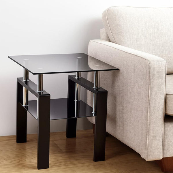 HomeRoots Black Glass & Metal End Table with Shelf – Modern Minimalist Design for Living Room & Bedroom Décor 635676