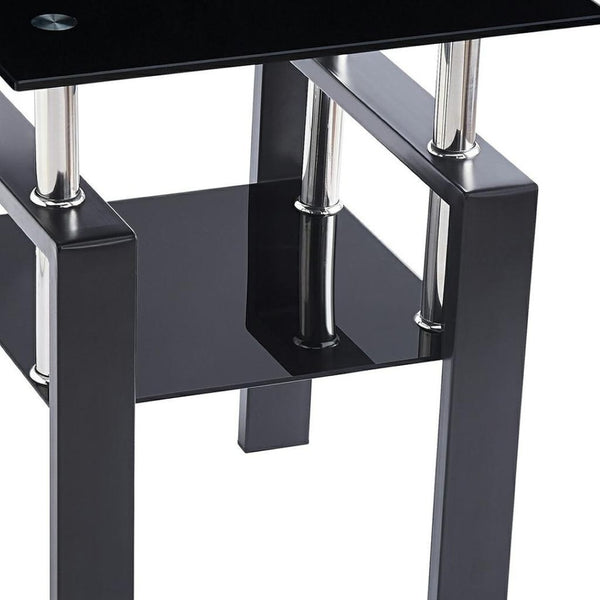 HomeRoots Set of Two Sleek Black Glass & Metal Square End Tables with Lower Shelf for Modern Living Spaces 635677