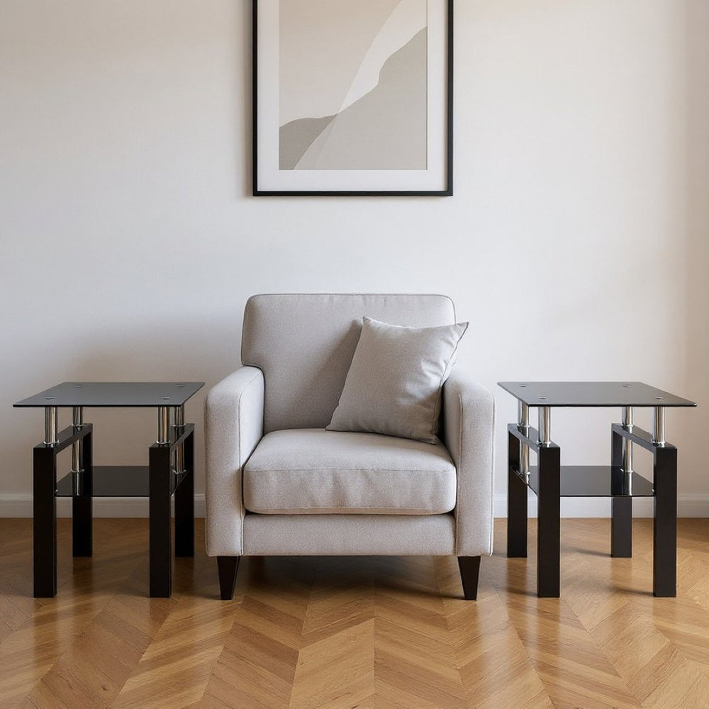HomeRoots Set of Two Sleek Black Glass & Metal Square End Tables with Lower Shelf for Modern Living Spaces 635677