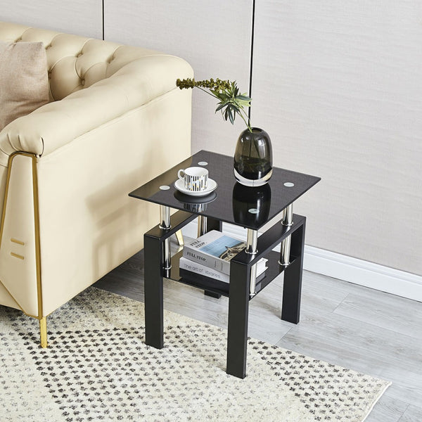 HomeRoots Set of Two Sleek Black Glass & Metal Square End Tables with Lower Shelf for Modern Living Spaces 635677