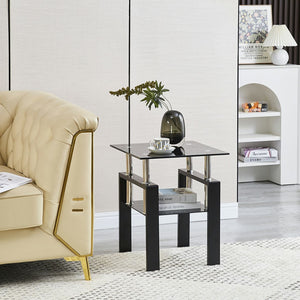 HomeRoots Set of Two Sleek Black Glass & Metal Square End Tables with Lower Shelf for Modern Living Spaces 635677