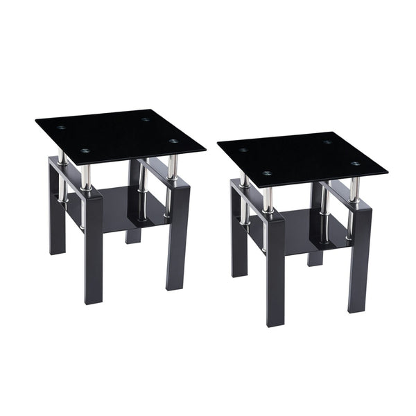 HomeRoots Set of Two Sleek Black Glass & Metal Square End Tables with Lower Shelf for Modern Living Spaces 635677