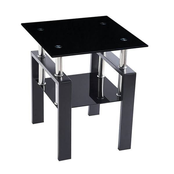 HomeRoots Set of Two Sleek Black Glass & Metal Square End Tables with Lower Shelf for Modern Living Spaces 635677