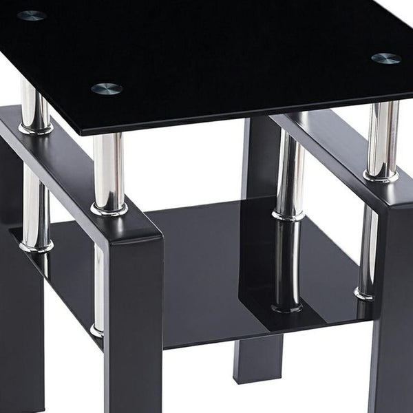 HomeRoots Set of Two Sleek Black Glass & Metal Square End Tables with Lower Shelf for Modern Living Spaces 635677