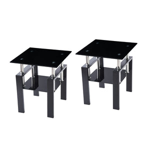 HomeRoots Set of Two Sleek Black Glass & Metal Square End Tables with Lower Shelf for Modern Living Spaces 635677