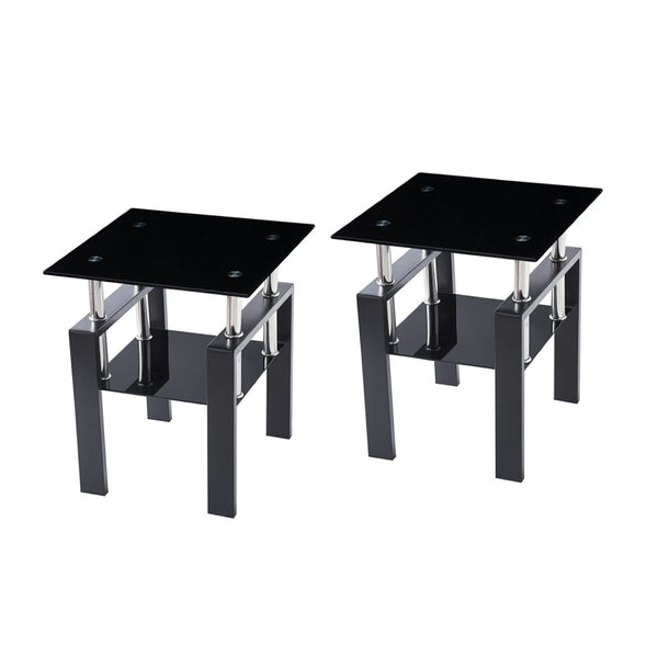 HomeRoots Set of Two Sleek Black Glass & Metal Square End Tables with Lower Shelf for Modern Living Spaces 635677