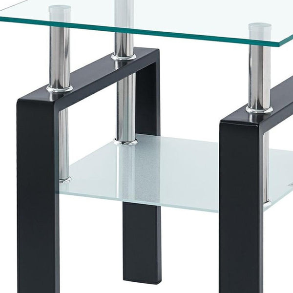 HomeRoots Set of Two Modern Clear Glass and Black Metal Square End Tables with Shelf for Versatile Use 635679