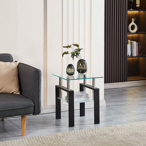 HomeRoots Set of Two Modern Clear Glass and Black Metal Square End Tables with Shelf for Versatile Use 635679