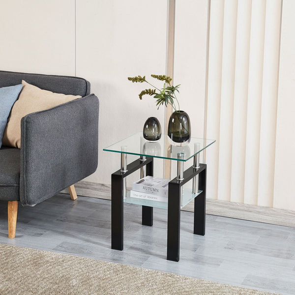 HomeRoots Set of Two Modern Clear Glass and Black Metal Square End Tables with Shelf for Versatile Use 635679
