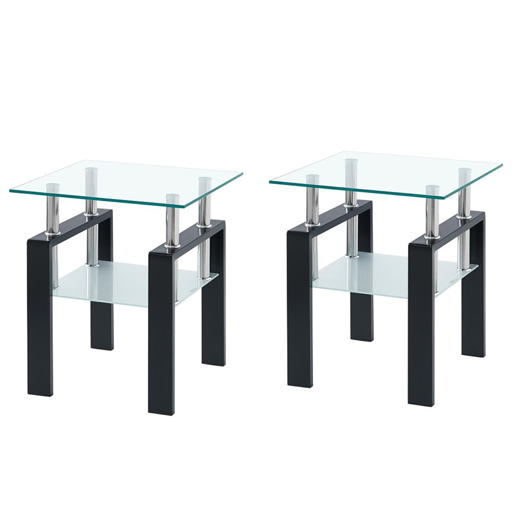 HomeRoots Set of Two Modern Clear Glass and Black Metal Square End Tables with Shelf for Versatile Use 635679