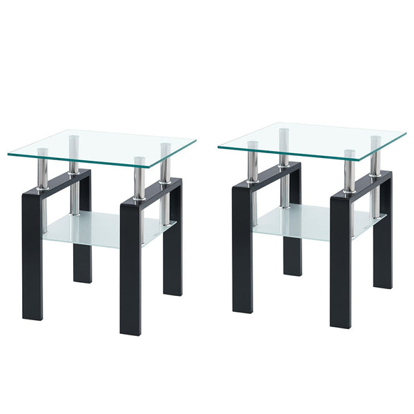 HomeRoots Set of Two Modern Clear Glass and Black Metal Square End Tables with Shelf for Versatile Use 635679
