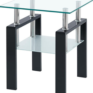 HomeRoots Set of Two Modern Clear Glass and Black Metal Square End Tables with Shelf for Versatile Use 635679