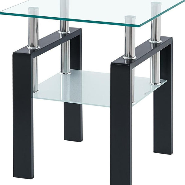 HomeRoots Set of Two Modern Clear Glass and Black Metal Square End Tables with Shelf for Versatile Use 635679