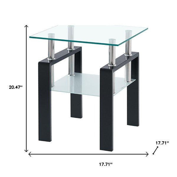 HomeRoots Set of Two Modern Clear Glass and Black Metal Square End Tables with Shelf for Versatile Use 635679