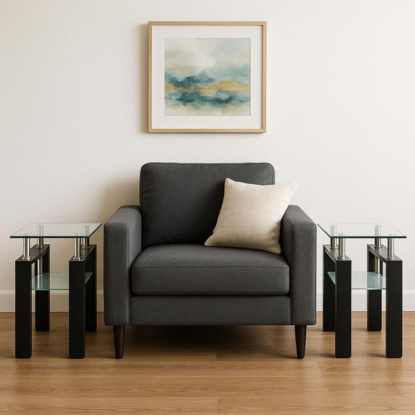 HomeRoots Set of Two Modern Clear Glass and Black Metal Square End Tables with Shelf for Versatile Use 635679