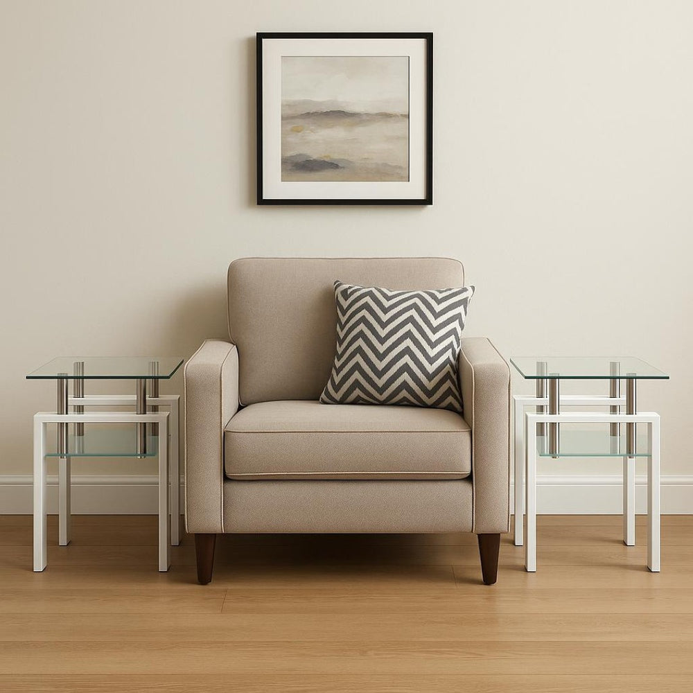 HomeRoots Set of Two Stylish Clear Glass & White Metal Square End Tables with Shelf for Modern Interiors 635681