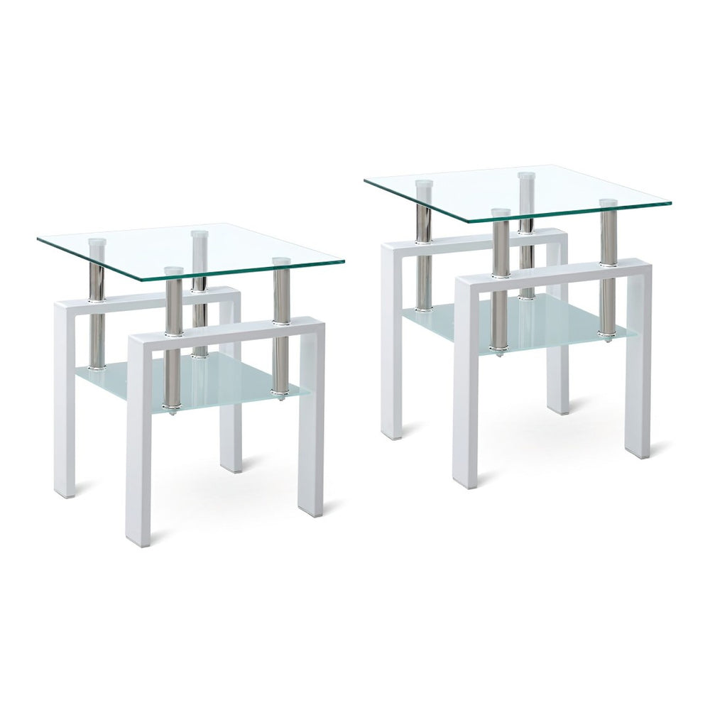 HomeRoots Set of Two Stylish Clear Glass & White Metal Square End Tables with Shelf for Modern Interiors 635681