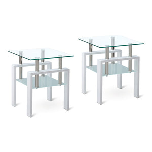 HomeRoots Set of Two Stylish Clear Glass & White Metal Square End Tables with Shelf for Modern Interiors 635681