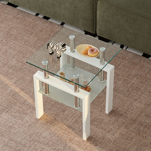 HomeRoots Set of Two Stylish Clear Glass & White Metal Square End Tables with Shelf for Modern Interiors 635681