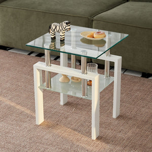 HomeRoots Set of Two Stylish Clear Glass & White Metal Square End Tables with Shelf for Modern Interiors 635681