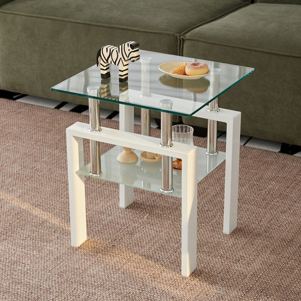 HomeRoots Set of Two Stylish Clear Glass & White Metal Square End Tables with Shelf for Modern Interiors 635681