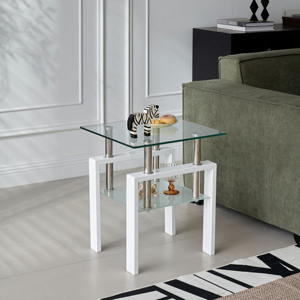 HomeRoots Set of Two Stylish Clear Glass & White Metal Square End Tables with Shelf for Modern Interiors 635681